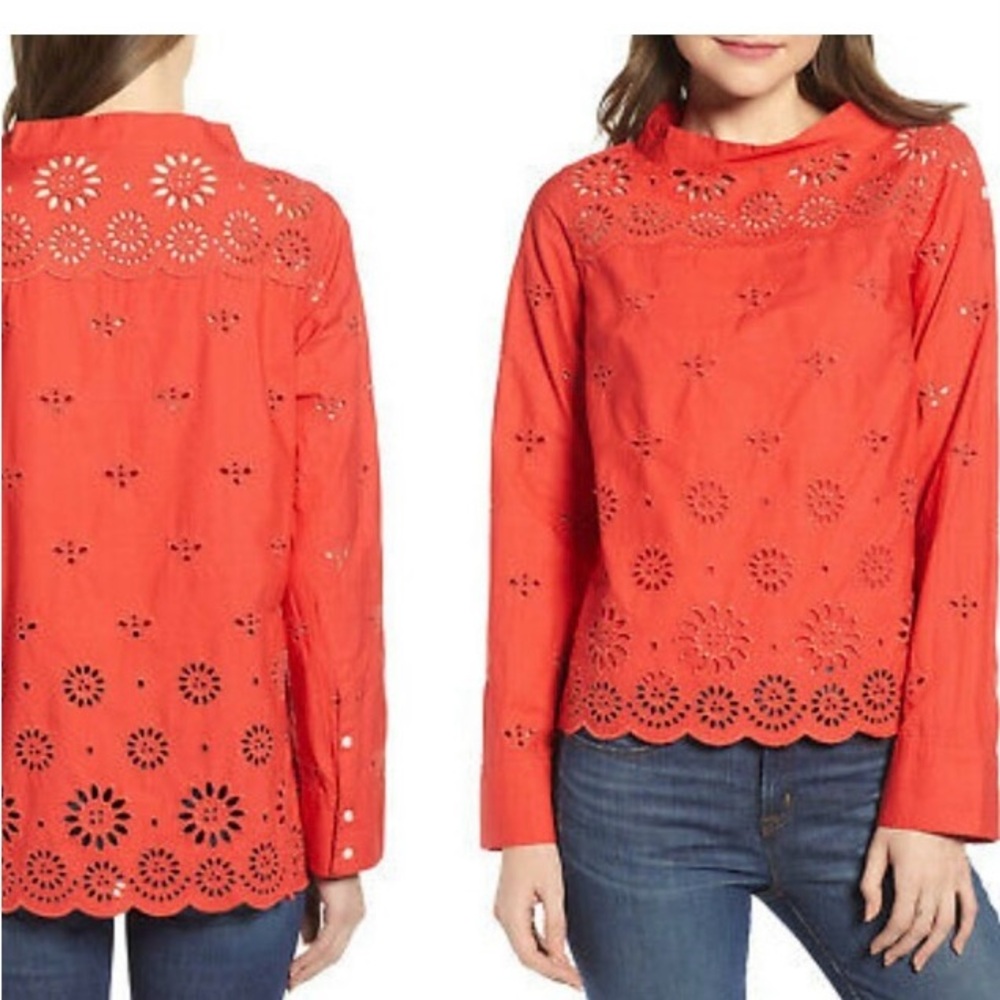 JCrew hi-lo funnelneck eyelet shirt sz 10P